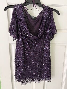 Adrianna Papell Plum Sequin Draped Neck Cocktail Top